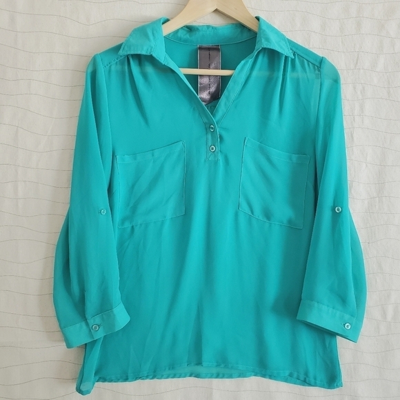 Moon Collection Womens Teal Green Long Sleeves Collared Sheer Blouse Top Size S - Picture 1 of 6